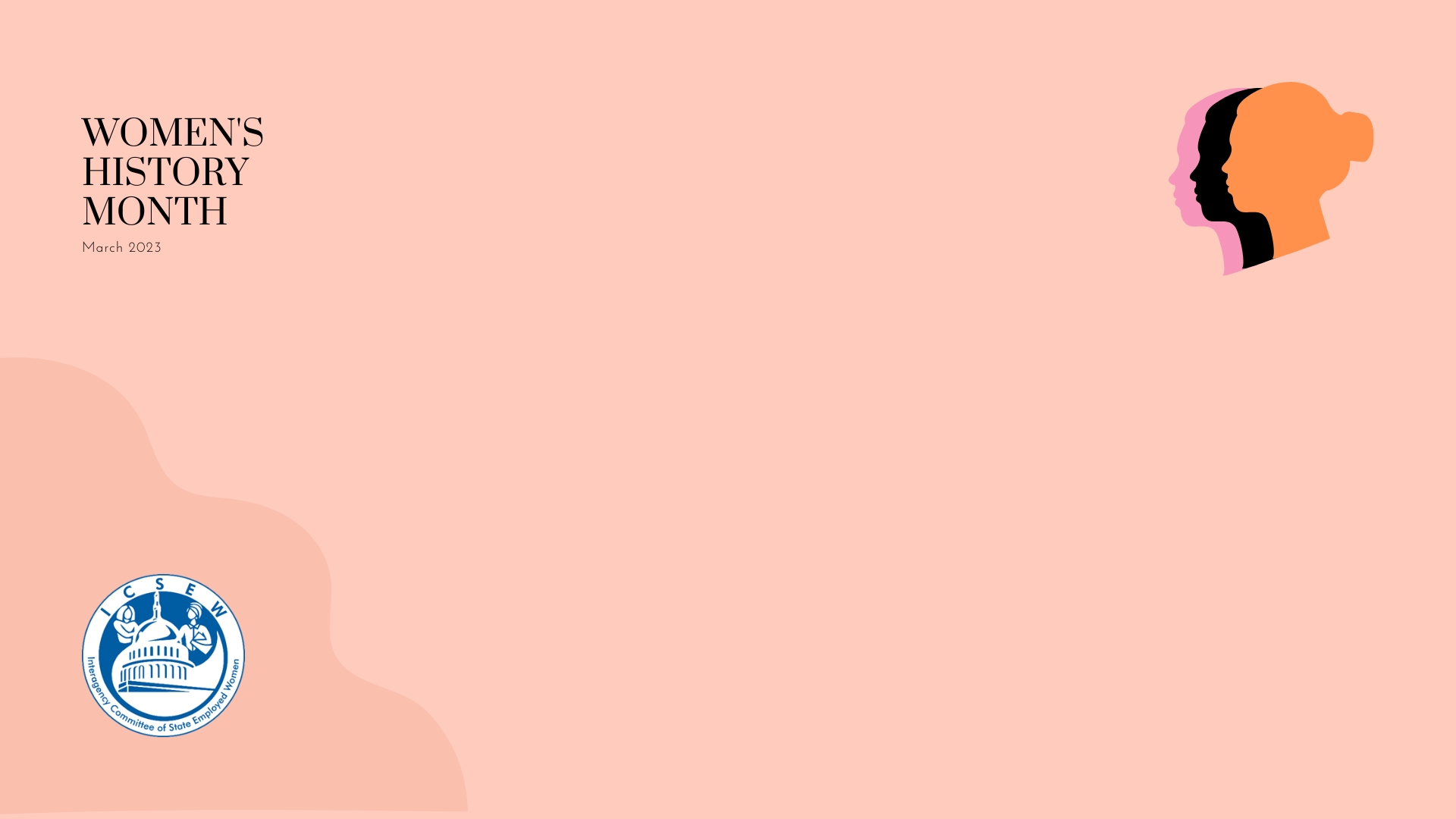 women's history month virtual background option 1: ICSEW logo and silhouettes of 3 momem